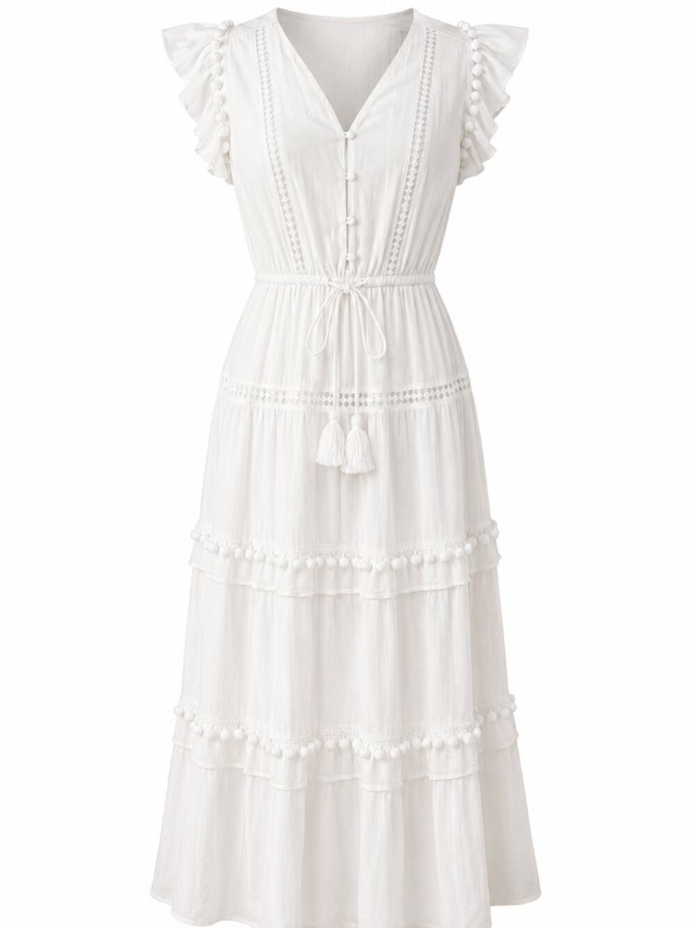 J.Crew White Flutter Sleeve Pom Pom Dress